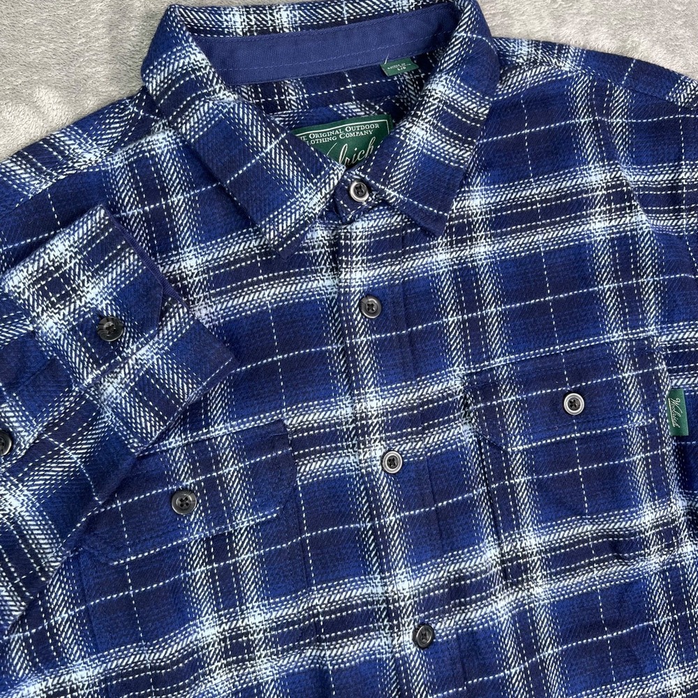 Woolrich Flannel Shirt Mens Large Blue Plaid Button‎ Up  Pockets Shacket Outdoor